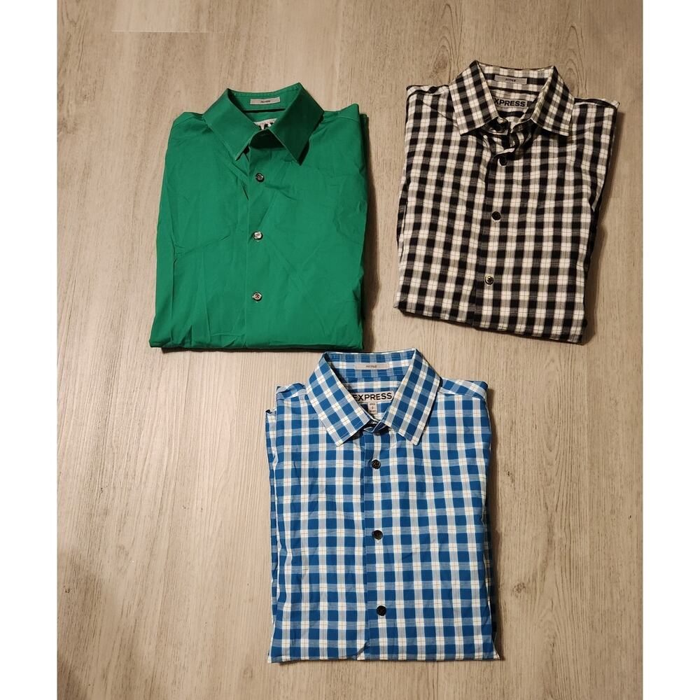 Express Dress Shirt Bundle Size Small Fitted Plaid and Solid Green blue black